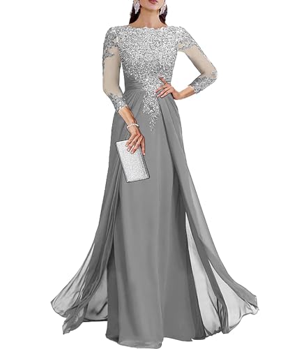 Long Sleeve Mother of the Bride Dresses for Wedding Lace Appliques Silver Gray Mother of the Groom Dress with Sleeve Chiffon A-Line Formal Gowns US12 BOF160