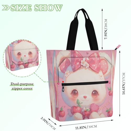 Decorative Book Tote Bag for Boys Girls Women, Cute Cartoon Cherry Bear Simple Sturdy Reusable Shopping Bag with Zipper for School Shopping Beach Rainbow para libros de2