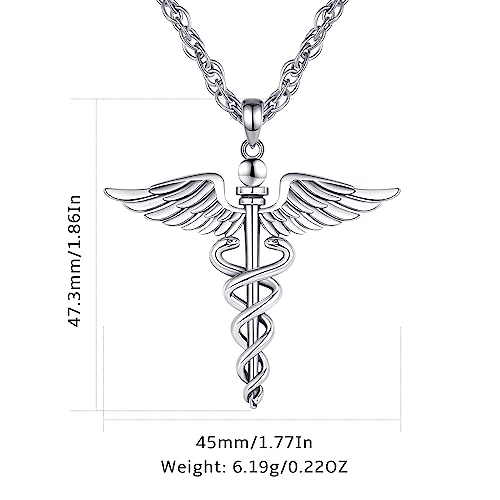Vito Sterling Silver Caduceus Necklace for Women, RN Necklace Stethoscope Nurse Pendant Nurse Themed Jewelry Gifts for Doctor Graduation Medical, 22+2"4