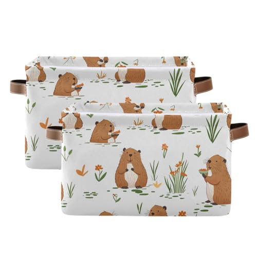 PaChyLuu Featuring Playful Beavers Storage Basket Bin Canvas Fabric Organizer Toys Basket with Handles for Home Office Nursery, Clothes, Gifts, 2 Pcs