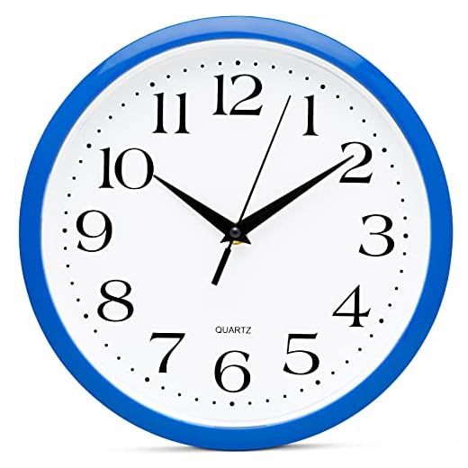 Bernhard Products 10 Inch Blue Quartz Analog Wall Clock - Silent, Easy to Read, Quality Construction, Simple Design, Lightweight, Easy to Hang, Battery Operated