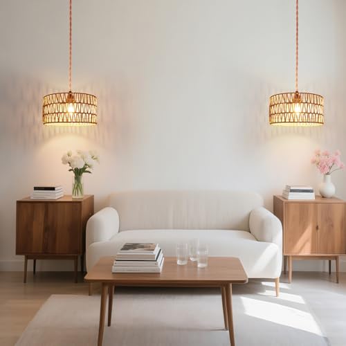Image of Hanging Light Boho Lamp Shades Small Lamp Shades for Table Lamps Vintage Rattan Lampshade for Hanging Lamp Wall Sconce Floor Lamp Woven LampShades for Living Room Decor Pendant Light