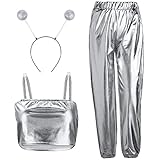 SATINIOR Alien Halloween Costume for Women Metallic Bra Silver Shiny High Waist Stretchy Pants with Alien Headband (Medium)