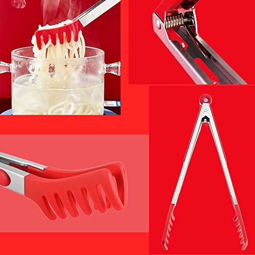Large 13" Red Stainless Steel Pasta Tong With Silicone Tips, Spaghetti Tongs Pasta Server Utensil For Noodles Cooking Baking Food Bbq Kitchen Tools #TOP5