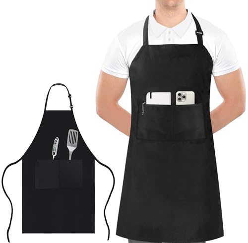 Yowlens Kitchen Adjustable Bib Apron with 2 Pockets Waterdrop Resistant Cooking Kitchen Apron for Men, Women with Long Ties for Baking Gardening BBQ