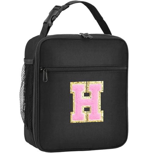 SANBADA Initial Insulated Lunch Bag, Lunch Box with Initial Letter Patch for Teen Adult, Reusable Lunch Bag for Men Women, Ideal Back to School Gift Birthday Gift, Pink H
