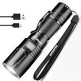 SuperFire Flashlights High Lumens Rechargeable, Powerful LED Pocket Flashlight with Clip, 2100 Lumens Waterproof Tactical Flash Light with Zoomable Focus, 5 Lighting Modes for Camping, Hiking, Working