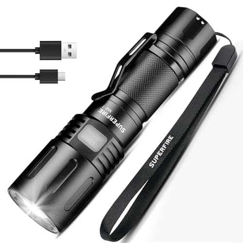 SuperFire Flashlights High Lumens Rechargeable, Powerful LED Pocket Flashlight with Clip, 2100 Lumens Waterproof Tactical Flash Light with Zoomable Focus, 5 Lighting Modes for Camping, Hiking, Working