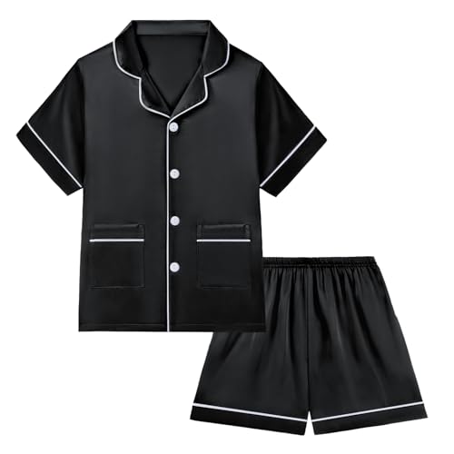 Weixinbuy Girls Pajamas Satin Pajama Set for Girls 2Pcs Silky Pjs Sleepwear Short Sleeve Button Down PJ Set Gifts for Kids