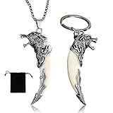 JYXNU Set 2 Piezas Collar Hombre con Colgante Colmillo de Lobo y Llavero de Acero Inoxidable Estilo Vintage Aventurero Regalo Original para Hombres y Jóvenes