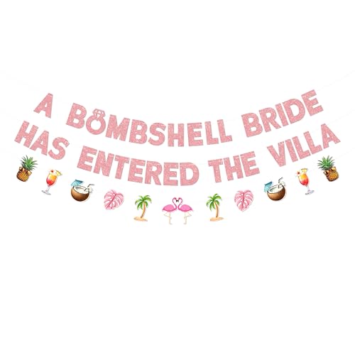 Image of A Bombshell Bride Has Entered the Villa Banner, Pre-Strung Bachelorette Party Banner with Flamingo and Palm Garland for Island Bachelorette Party Decoration and Tropical Bridal Shower