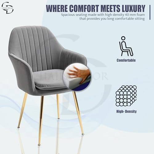 Image of Velvet Accent Chair with Matching Pouffe & Floral Cushion | Modern Upholstered Armchair with Gold Metal Legs | Lounge Chair for Living Room, Bedroom, Office, Guest Room (Light Grey)