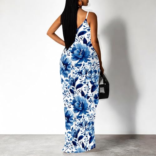 Image of Women's Summer Maxi Dress Spaghetti Strap Floral Boho Beach Long Sundress with Pockets