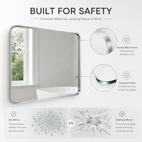 Image of 30 inchx40 inch Rounded Corners Silver Bathroom Mirror - Metal Framed with HD Shatter-Proof Glass, Wall-Mounted for Over Sink, Entryway, Living Room, Bedroom