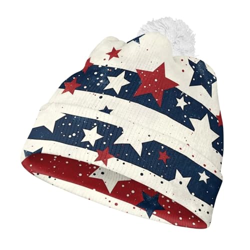 Noprintge Red Blue Stars Wide Stripe Kids Hats Girls Boys Hat with Fluff Ball, American Flag Element Winter Baby Knitting Watch Caps Fashion Keep Warm Beanie Cap Kid Accessories