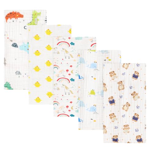 DOINEUFL Paños de muselina para bebé, paquete de 5 unidades de 50 x 25 cm, 100 % algodón, ultra absorbentes, cuadrados de muselina suaves y transpirables, esenciales para recién nacidos para niños y