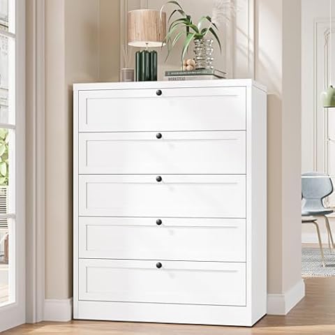 Letaya 5-Drawer Dresser for Bedroom, Metal Chest of Drawers Tall White Closet Organizers and Storage Clothes, Accent Storage Cabinet for Living Room, Entryway, Hallway, White Cover