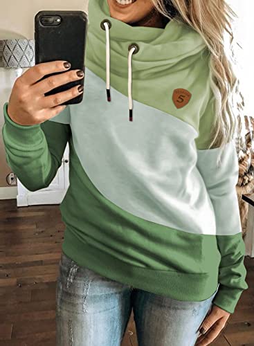 Happy Sailed Womens Cowl Neck Pullover Hoodie Casual Color Block Long Sleeve Drawstring Sweatshirt Jumper Tunic Tops Green Large #TOP2