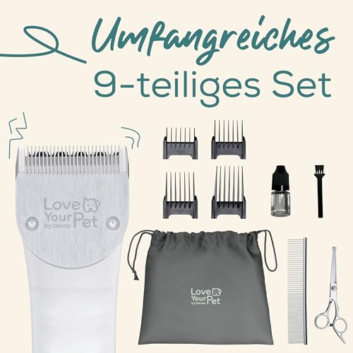 Beurer Love Your Pet Schermaschine Fluffy für Hunde und Katzen, leiser Trimmer, Hunderasierer für dichtes und verfilztes Fell, Tier-Haarschneidemaschine mit Akku, 9-teiliges Fellpflege-Set