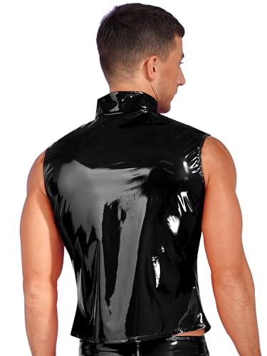 Mens Sleeveless PVC Leather Zipper Jacket Wet Look Stand Collar Vest Slim Fit Tank Tops2