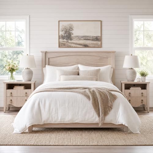 Image of Set of 2 Nightstands with Charging Station&2 Fluted Drawers,Nature Oak | Vintage Bedside Table, 2 Fluted Drawers and Open Shelf, Rustic End Table, Power Outlet and USB Ports, For Bedroom