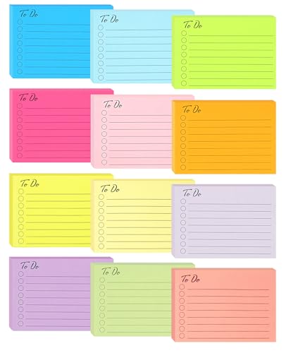 HQCME 12 Pads to Do List Sticky Notes, 504 Sheets, 3x4 Inch with Line Adhesive Memo, 12 Bright Multi Colors Self-Stick Note Pads, to Do List Notepad, Easy to Use for Home, Office, Notebook