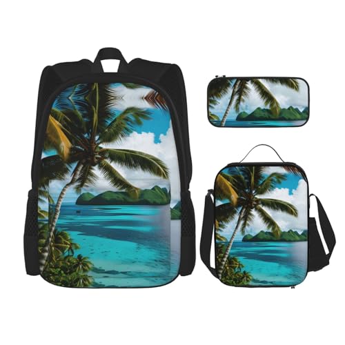 Norway Islands Print 3 Piece Backpack Set, Laptop Daypack, Lightweight Bookbag Set With Lunch Bag Pencil Case