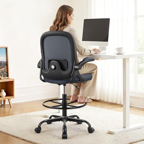 Primy Home Office Drafting Chair - Tall Desk Chair with Flip-up Armrests 3D Lumbar Support, Comfort Drafting Chair with Footrest for Standing Desk, High Chair for Bar Study Work 2401-Z Dark 