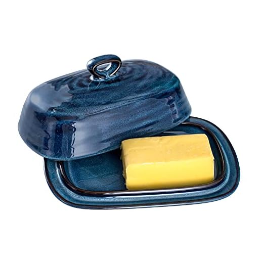 Hasense Porcelain Butter Dish with Lid, Covered Butter Container with Handle Design for Countertop, Blue