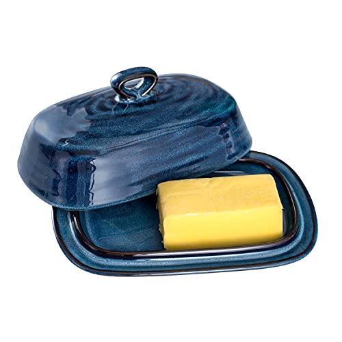 Hasense Butter Dish with Lid, Ceramic Butter Dish with Cover for Countertop, Porcelain Butter Keeper with Handle Design for East West Coast Butter, Butter Tray with Lid for Fridge, Blue by HASENSE - Used condition - US$21.59