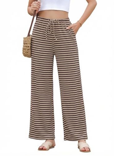 Image of EVALESS Striped Pants Women Casual Wide Leg Drawstring Elastic Waist Kint Trousers Lounge Sweatpants with Pockets