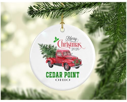 Christmas Ornament 2026 for Cedar Point Ohio City State Holiday Ornament Vintage Red Truck with Tree Souvenir Decoration Gifts for Family Friend Coworker 3" White