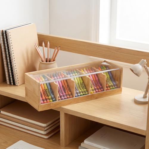 Lolytama Crayon Box, Stackable Bamboo Pencil Box with Clear Lid and 6 Compartments, Color Pencil Organizer for Crayons Markers Pens Craft Supplies Classroom Desk, (1 Pack Natural) - Image 6