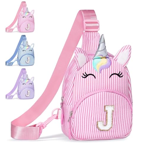 Image of COSHAYSOO Pink Girls Purse Unicorn Waist Pack Crossbody Sling Bag, Cute Personalized Easter Basket Stuffers Birthday Gifts for Kids Girl 3-8 Daughter Granddaughter Niece Initial Monogrammed Letter J