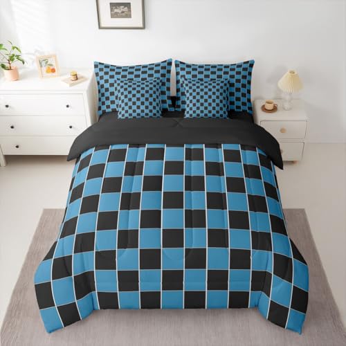 Image of Erosebridal Plaid Twin Bedding Set 7 Piece Navy Blue Black Checkerboard Bed in A Bag with Sheets Geometric Checkered Comforter Set for Kids Adults,Aesthetic Grids Bed Sets