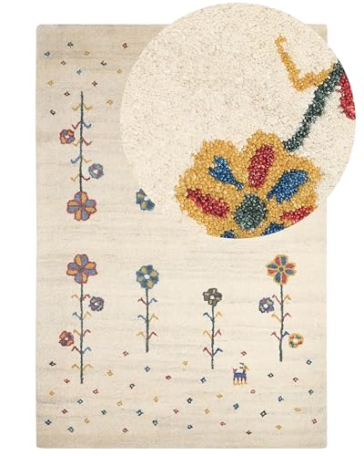Beliani Alfombra gabbeh de Lana Beige Azul Rojo Amarillo Verde 140 x 200 cm a Mano Floral Husunlu