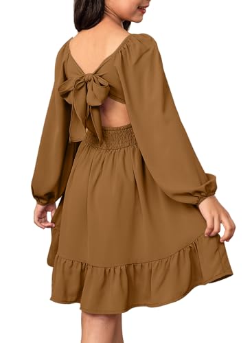 blibean Girls Long Sleeve Tie Back Dress Teen Winter Boho Wedding Guest Dresses Tween Holiday Formal Outfit Kids Dance Mommy Daughter Prom Homecoming Size 14 15 16 Years Old Tan Brown