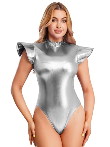 Agoky Damen Weltraum Astronaut Body Kurzarm Metallic Bodysuit Slim Fit Bodycon Stretch Einteiler Tanzbody Rüschen Rollkragen Oberteile Tops mit Slip...