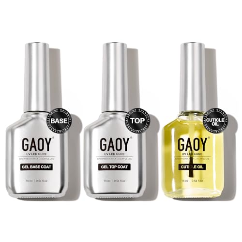 GAOY Gel Top Coat, Base Coat and Cuticle Oil Set, 3 Pcs 16ml Glossy No Wipe Combination for UV Light Cure Gel Nail Polish