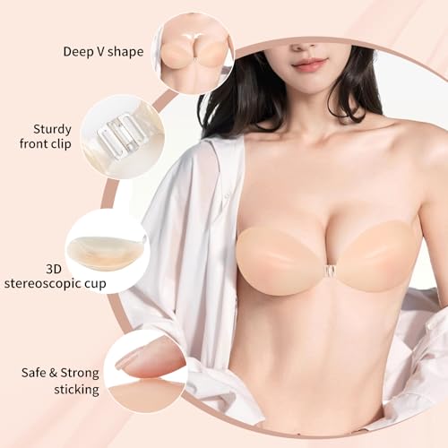 Sticky Bra for Women Push up Silicone Bra for Backless Dress,4 Pairs Adhesive Bras & 4 Pairs Nipple Covers3