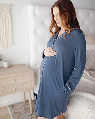 Kindred Bravely Clea Bamboo Button Down Nursing Nightgown | Long Sleeve Maternity Nightgown (Slate Blue, Medium) #TOP4