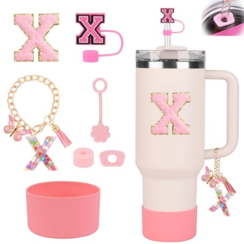 Stanley Cup Accessories Set for Stanley Cup 30oz 40oz, Stanley Tumbler Accessories Including Silicone Straw Cover Cap and Boot, Spill Proof Stopper, Cute Letter Keychain Handle Charm, Sticker (X)