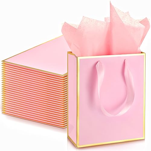 Image of Yeaqee 24 Pack Metallic Paper Gift Bag with Tissue, Pink Gold | with Satin Ribbon Handle and Tissue, 9x7x3.1 Inch, Suit Business, Birthday, Christmas, Thank You Return Gifts Bags