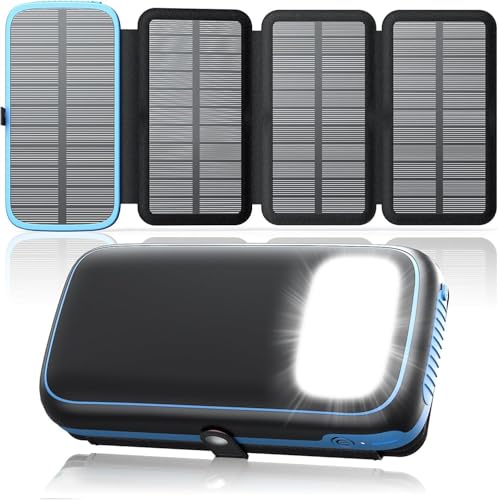 Cargador Solar Power Bank 27000mAh – FEELLE Batería Externa con 3 Salidas USB 3A Carga Rápida, Linterna Integrada y 4 Paneles Solares Plegables Cargador Portátil para Smartphones Tablets（Azul）