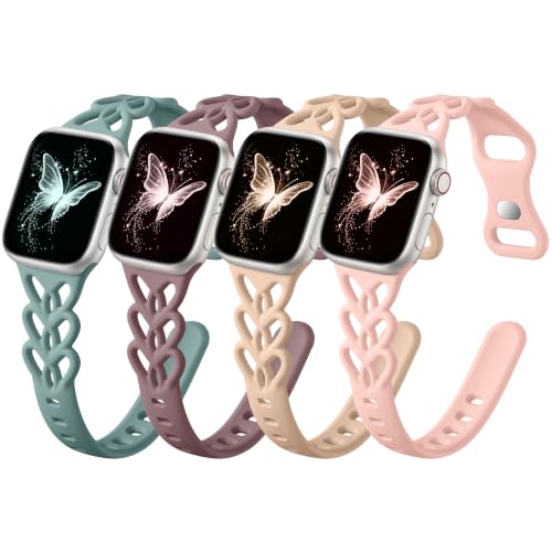 4Pack Slim Cute Heart Braided Band-Compatible with Apple Watch Bands Women 40mm 41mm 42mm 38mm 44mm 45mm 46mm 49mm,Sport Soft Breathable Silicone Strap for iWatch Series 11 10 9-1 SE 3-1 Ultra