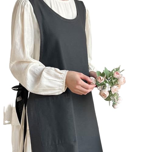 エプロン サイドリボン 無地 かぶるだけ 体型カバー お尻が隠れる キーネック おしゃれ ワンピース ポケット 保育士 美容師 レストラン 料理 花屋 防水性 シンプル レディース かわいい ギフト プレゼント