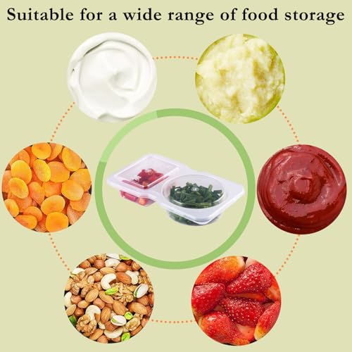 Surflyee 20 Stück Gewürzbehälter mit 2 Fächern, wiederverwendbare Snack-Behälter, Snack- und Dip-Behälter, Mini-Kunststoff-Töpfe mit Deckel für Soßen, Snacks, mikrowellen- und kühlschrankfest