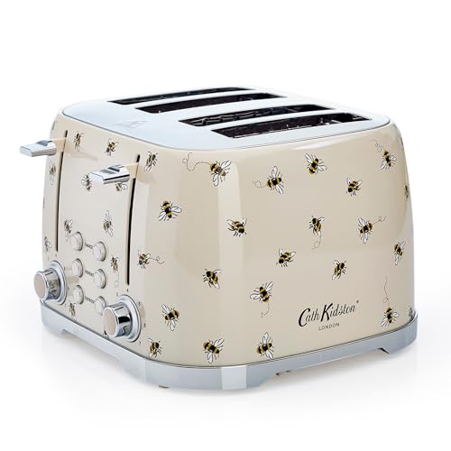 Cath Kidston 4 Slice Toasters Wide Slots By VQ - Multi Functional 4 Slot Toaster Stainless Steel with 7 Variable Browning Control, Defrost & Reheat Mode - Bread Toaster with Crumb Tray - Bees