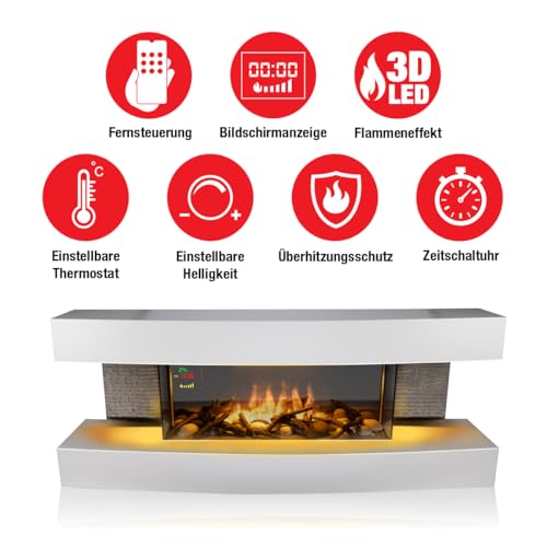 Classic Fire Montreal Elektrokamin mit Heizung – Elektroheizung 2000W - Kaminofen mit Heizung, Fernbedienung und Timer - Elektroherd mit LED-Flammen - Freistehend - Weiß