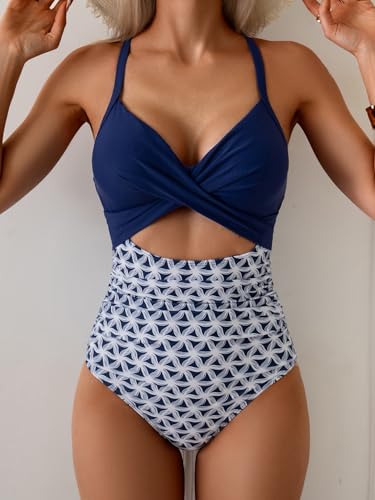 Eomenie Women's One Piece Swimsuits Tummy Control Cutout High Waisted Bathing Suit Wrap Tie Back 1 Piece Swimsuit Blue Floral Print - Thumbnail 2